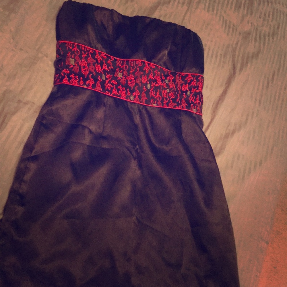 Strapless black ModCloth dress with Asian print